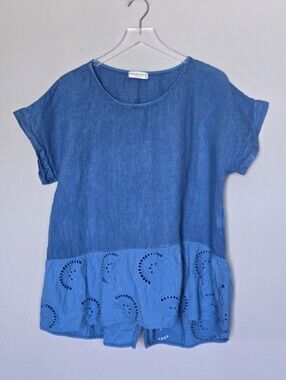 Made in Italy Linen Blue Women's Short Sleeve Eyelet Hem Relaxed Fit Top Size L